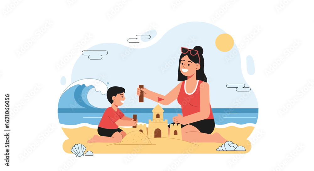Fototapeta premium Mother and Son Enjoying Summer Vacation, Building Sandcastles on the Beach