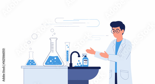 Scientist Explaining Scientific Experiment Inside Laboratory Using Beakers And Flasks