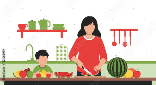 Mother And Son Prepare Healthy Fruit Salad In Bright Kitchen Illustration