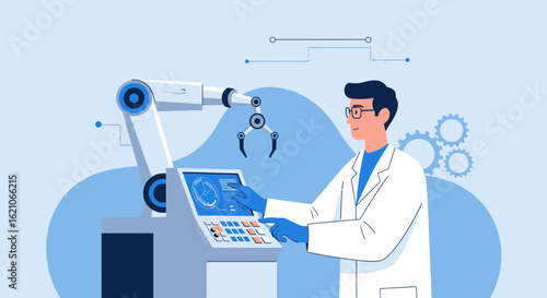 Scientist Operates Automated System in Advanced Technological Environment Concept