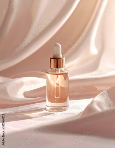 Clear Glass Serum Bottle with Gold Accents Displayed on Soft Pink Silk Fabric