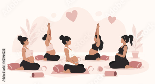Prenatal Wellness Series Group Of Pregnant Women Practice Yoga In Studio Class