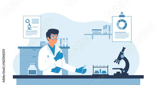 Scientist Performing Experiment In Laboratory For Medical Research Vector Illustration