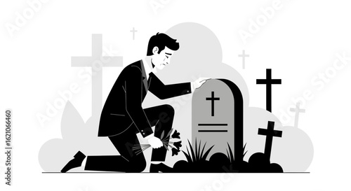 Mourning at the grave: A solemn illustration of grief and remembrance in black and white