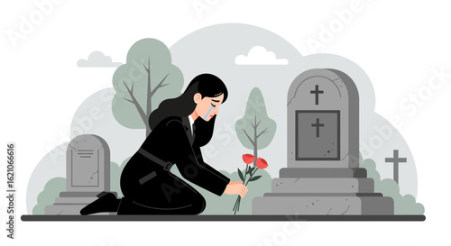 Mourning Woman Offers Flowers At Grave In Peaceful Cemetery Illustration