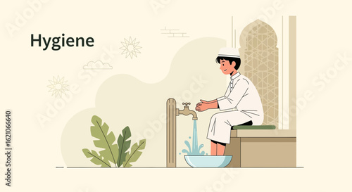 Muslim Ablution Ritual Before Prayer In Mosque Vector Illustration