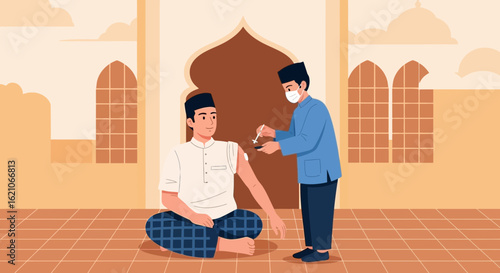 Muslim Vaccination Process With Mask In Islamic Architecture Building Image