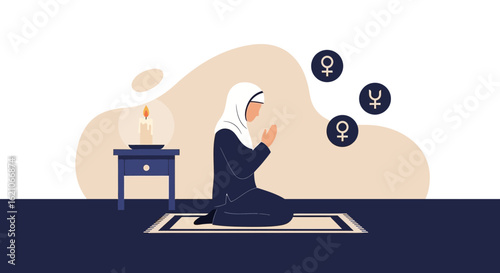 Muslim Woman Praying Quietly For Peace And Equality Symbol Illustration
