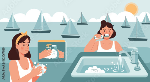 Nautical Morning Hygiene Routine with Sailing Boats in the Background
