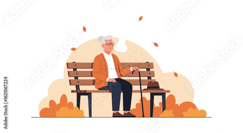Senior Man Relaxing On Bench In The Autumn Park Alone Outdoor