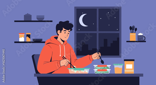 Nighttime Meal: Young Man Enjoying a Late Dinner Inside His Apartment