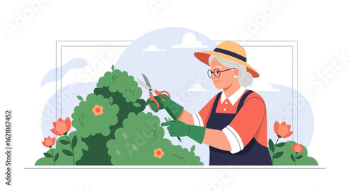 Senior Woman Engaged in Gardening Activity Enjoying Retirement Life