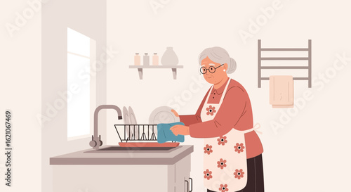 Senior Woman In Kitchen Dry Dishes Happy Lifestyle Chore Illustration