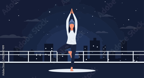 Nighttime Serenity Woman Practice Yoga Position In Urban Landscape Concept