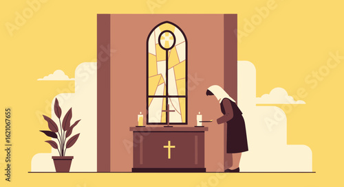 Nun Lighting Candles In a Church In Front Of a Stained Glass Window