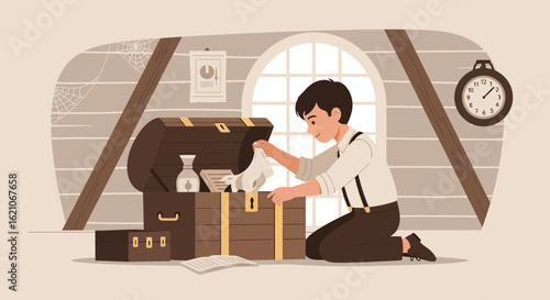 Nostalgic attic discovery: A young man unearthing treasured memories from an old chest