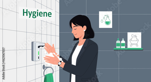 Professional Woman Maintaining Hand Hygiene Using Automatic Soap Dispenser At Bathroom