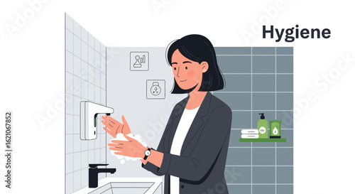 Professional Woman Maintaining Hygiene By Washing Hands In Restroom