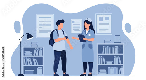 Nurse Consulting With A Student About A Vaccination In A Medical Office Setting