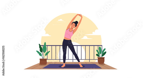 Serene Morning Stretch Woman Practicing Yoga On Balcony With Relaxing Scenery
