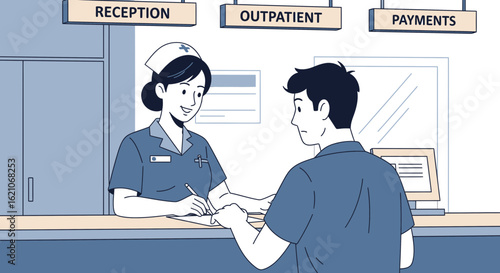 Nurse Helping Patient With Paperwork At Hospital Reception Desk Illustration