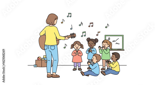 Musical Education Teacher with Guitar Leading Children in a Sing-Along Session
