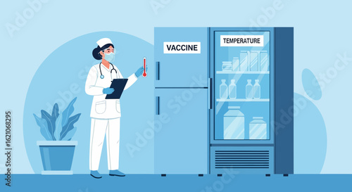 Nurse Inspecting Vaccine Storage Refrigerator For Temperature Control And Safety