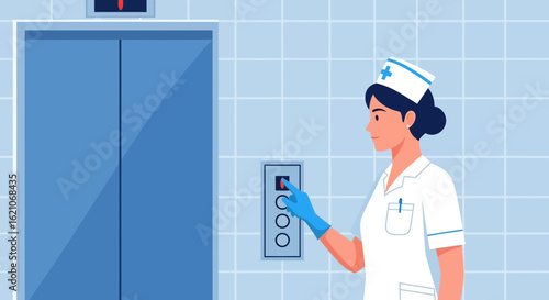 Nurse Pressing Elevator Button Wearing Gloves In A Hospital Setting