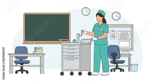 Nurse Preparing Medication In A Clinical Setting With Medical Equipment