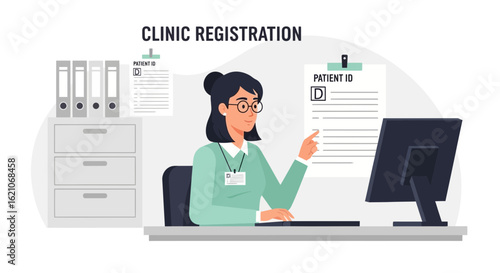 Receptionist Registering Patient Data In Clinic With Computer And Documents