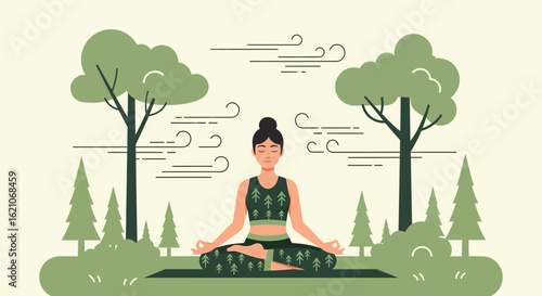 Serene Woman Meditating Outdoors Surrounded By Nature And Wind Illustration