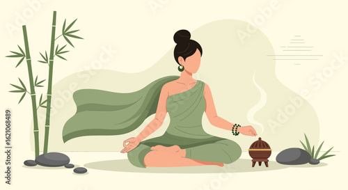 Wallpaper Mural Serene Woman Meditating With Incense In Natural Environment Concept Torontodigital.ca