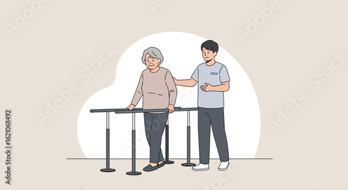 Rehabilitation Support For Elderly Woman With Parallel Bars At Clinic
