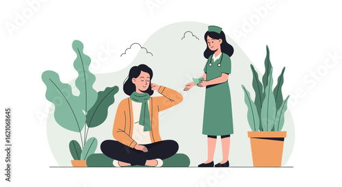 Nurse Visits A Sick Patient At Home In A Relaxing Green Atmosphere