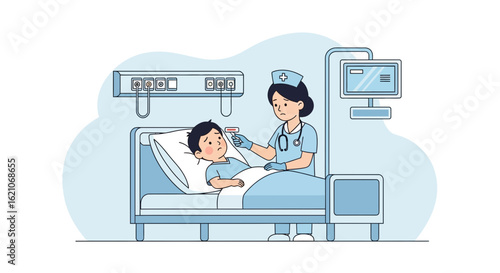Nurse Taking Temperature Of A Sick Child In Hospital Bed Health Care