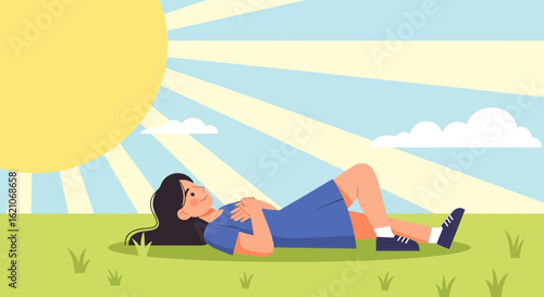 Serene Woman Relaxing Under The Sun On Green Grass