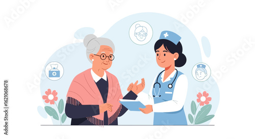 Nurse Visiting Elderly Woman Checks Health Discussing Treatment Plan At Home