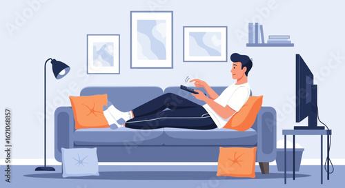 Relaxed man lying on sofa watching tv with remote control at home illustration