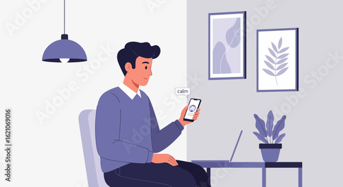 Relaxed Man Using Mindfulness App At Home During A Leisurely Afternoon