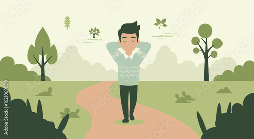 Relaxed Person Walking Through Nature With A Serene And Peaceful Expression