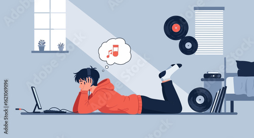 Relaxed teenager listening to music and dreaming in their bedroom with vinyl records