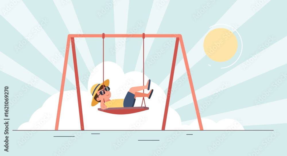Fototapeta premium Relaxing afternoon cartoon illustration of a child swinging lazily under the sun