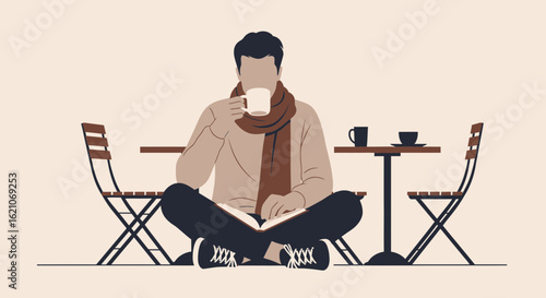 Relaxing Afternoon Man Reading Book With Coffee In Outdoor Setting