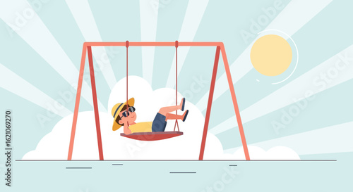 Relaxing afternoon cartoon illustration of a child swinging lazily under the sun