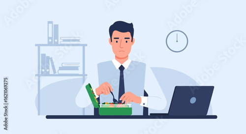 Office Worker Enjoys Healthy Salad During Lunch Break at His Workplace