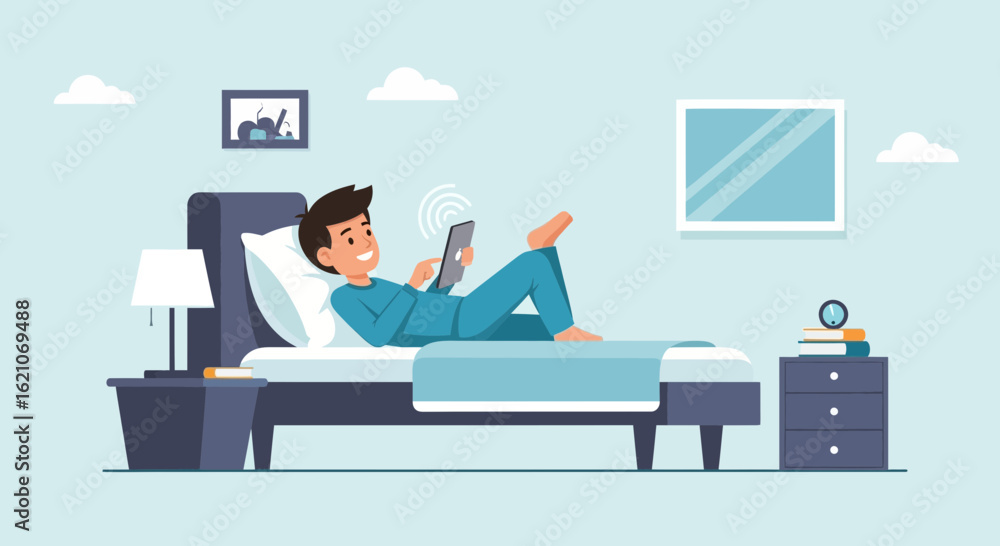 Fototapeta premium Relaxing At Home Man Uses Tablet Device On Bed Vector Illustration