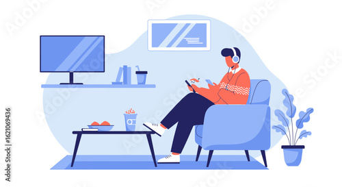 Relaxing At Home Leisurely Browsing Social Media On Smartphone Using Headphones