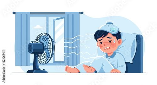 Sick Child Feeling Hot Staying In Bed With Fan On During Summer