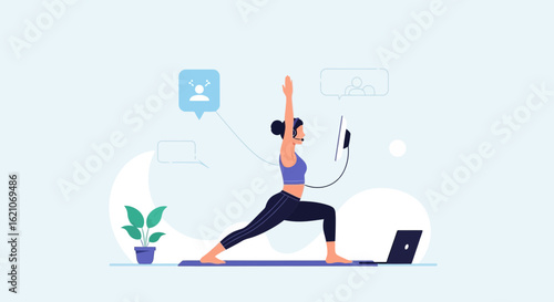Online Fitness Class Instructor Guiding Virtual Participants in Warrior One Pose