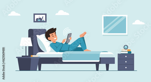 Relaxing At Home Man Uses Tablet Device On Bed Vector Illustration